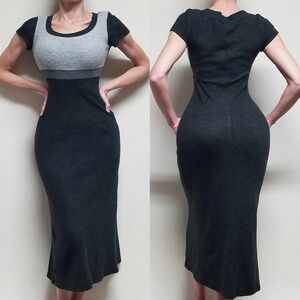 Vintage 90s My Michelle Charcoal Grey Colorblock Fleece Short Sleeve Maxi Dress
